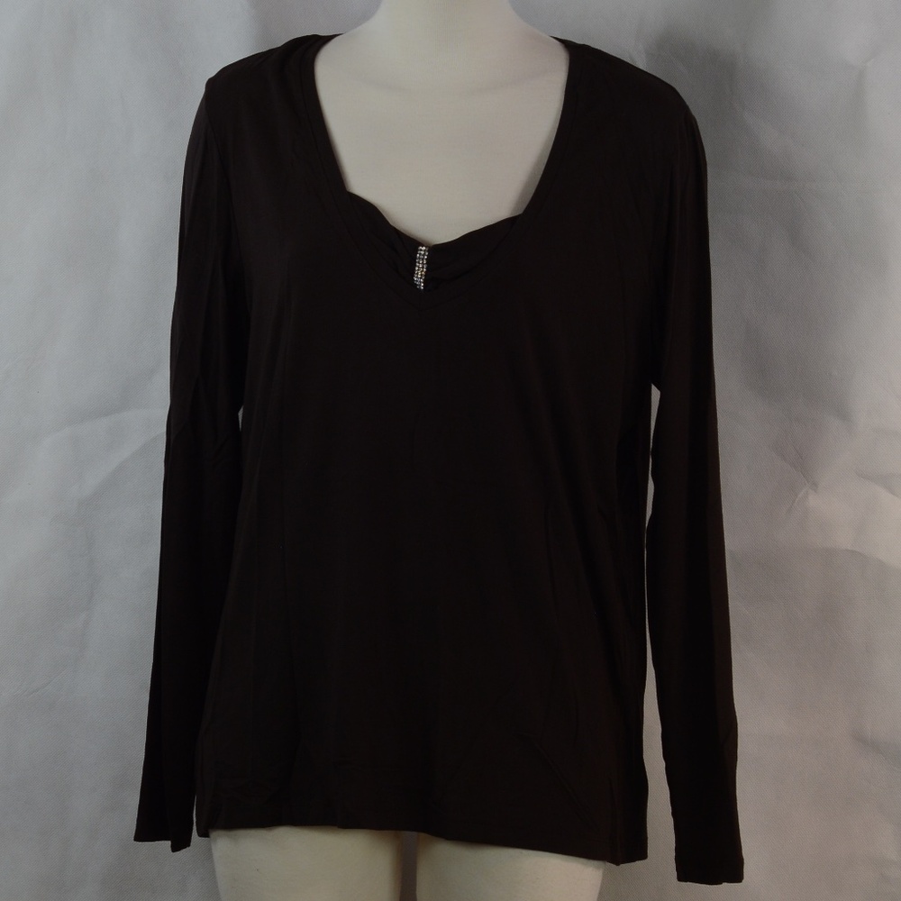 TUZZI Brown Long Sleeve Top Faux Rhinstones SZ L